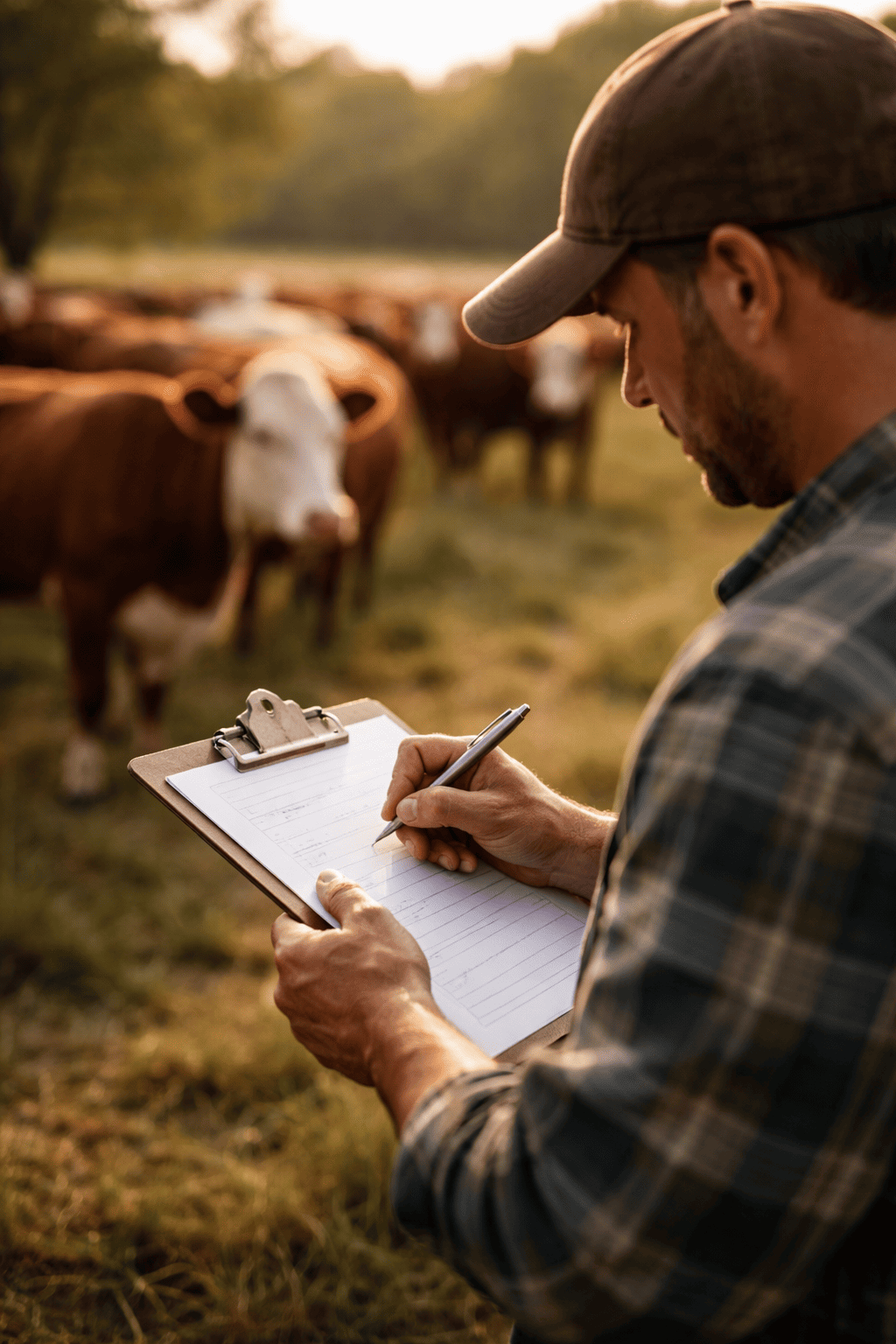 Homem fazendo anotações em uma prancheta ao lado do gado